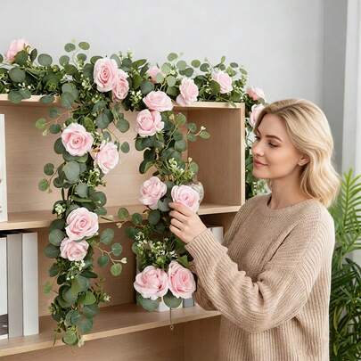 1条，175厘米/68.9英寸人造玫瑰藤蔓，绿色花环，室内/室外玫瑰仿真花装饰，适用于复活节、母亲节、房间、卧室、婚礼、情人节派对、家居装饰