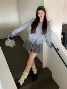 格子拼接针织开衫，宽松版型，长袖毛衣外套，学院风 - 灰色 - 查看 7