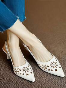 白色镂空花朵水钻搭扣尖头高跟鞋，透气专业工作鞋，无后跟凉鞋，春秋季 - 白色 - 查看 6
