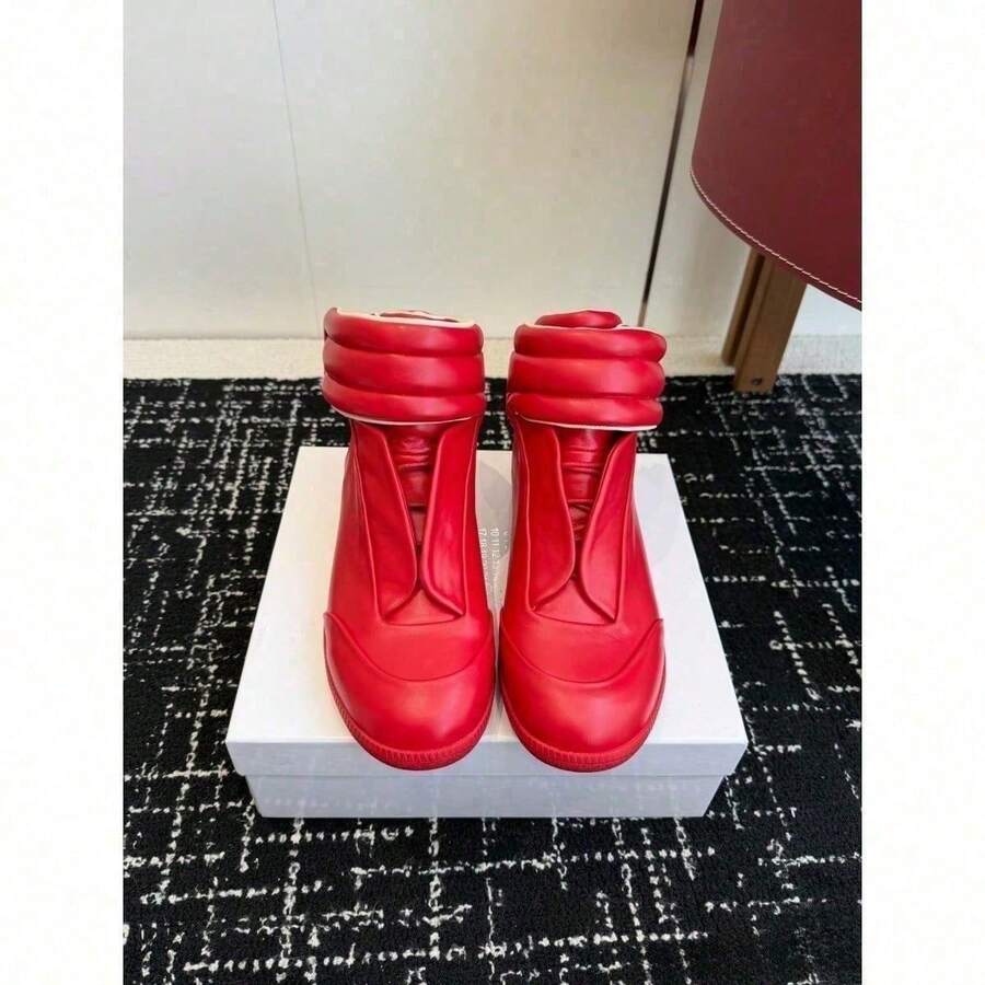 2026 Fashionable European And American Women's Sneakers, Low-Tops, Fashionable Black And White Red Shoes, Casual White Boots, Classic, Versatile Men's Shoes Made Of Genuine Leather, Flat, Casual Retro-Style Sports Shoes, New German Training Shoes - 紅色高幫 - 查看 1