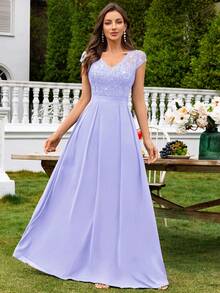 MIUSOL Đầm maxi chiffon tay ngắn cổ chữ V đính sequin và ren, đầm dự tiệc thanh lịch dành cho nữ, đầm dạ hội trang trọng, phù hợp cho khách dự đám cưới, lễ tốt nghiệp, tiệc gala và các dịp khác, ngày lễ tình nhân mùa xuân. - Màu tím hoa cà - Xem 4