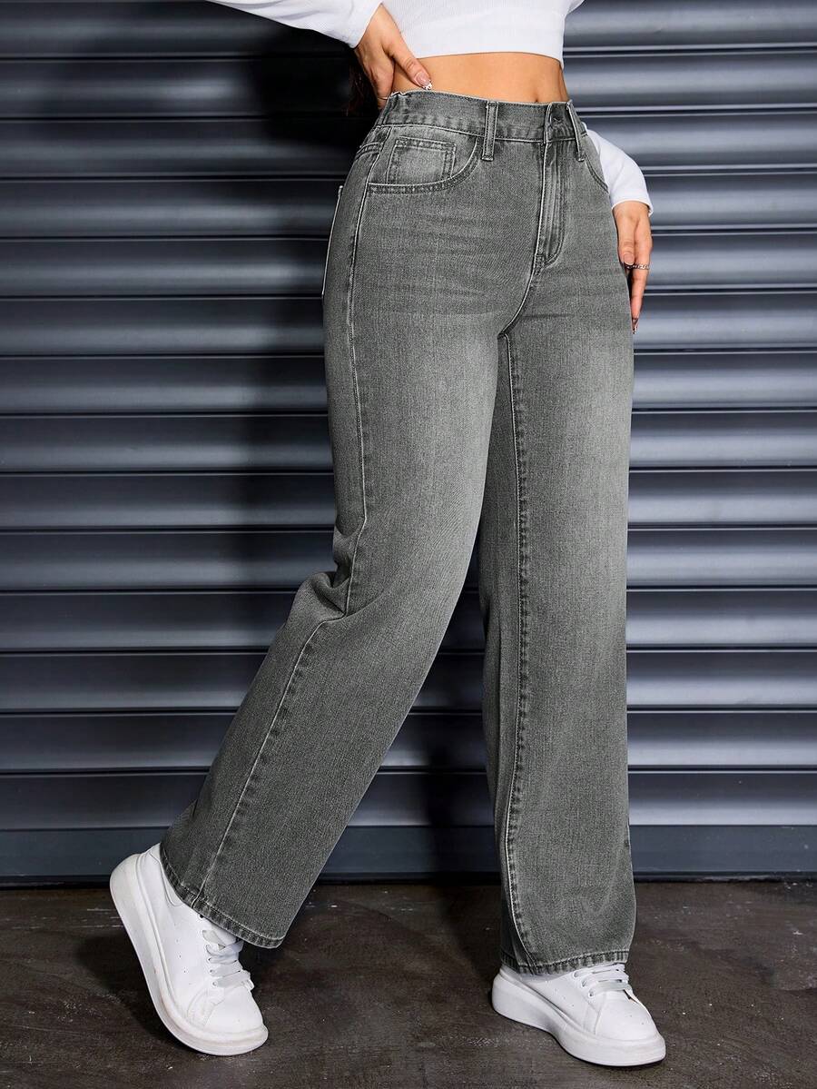 Quần jeans nữ thời trang thường ngày, cạp chun, kiểu dáng cổ điển, không co giãn, màu xám bạc, dáng suông, phong cách wash, ống đứng, mùa xuân. - Xám - Xem 1