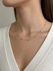 1pc 18K Gold Plated Stainless Steel Minimalist Style Beaded Oval Charm Necklace Chain, Versatile For Daily Wear