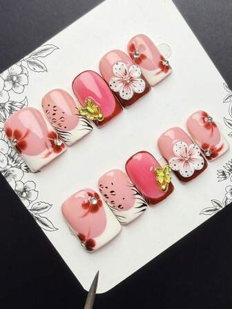 Juego de 10 uñas postizas con estilo Y2K Baddie, de forma cuadrada corta, hechas a mano, en colores nude, rojo, blanco y negro, con diseños de francés, estampado, strass, rayas y mariposa, adecuadas para mujeres y niñas, para fiestas y uso diario, incluye accesorios (color de los accesorios asignado al azar)