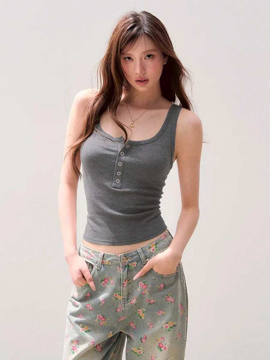 女士性感纽扣吊带背心，无袖修身露背简约休闲上衣，夏季 - 灰色 - 查看 1