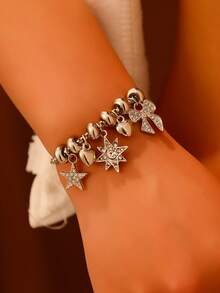 1pc Fashion Bracelet Beaded Bracelet Bow Star Multi-Element Rhinestone Bracelet For Girls - Silver - View 2