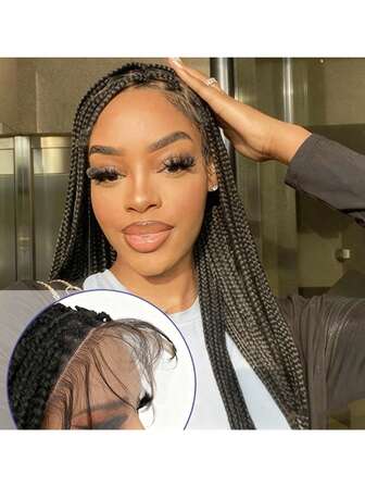 30 Inch Full Lace Braided Extensions Hair Woven's Wig Knotless Box Braids, Easy Wear, High-Temperature Fiber, Straight Hair, Elegant Style, All Occasions Wig Black Ombre Brown Burgundy-Red Colorful Straight Hair Wig For Women Wear Daily Party Cosplay And New Year Gifts