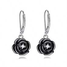 1 Pair S925 Sterling Silver Black Rose Pendant Earrings For Women, Fashion Cubic Zirconia Inlaid, Valentine's Day Gift - Silver - View 7