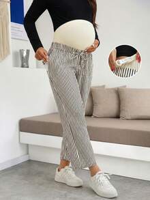 孕妇撞色条纹抽绳腰宽松休闲裤，适合度假和居家穿着，春夏秋季 (JH25124) - 黑色 - 查看 9