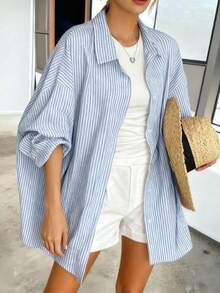 Plus Size Women Blue & White Striped Lapel Shirt, Casual Summer Loose Fit Batwing Sleeve Mid-Length Top - Blue - View 1