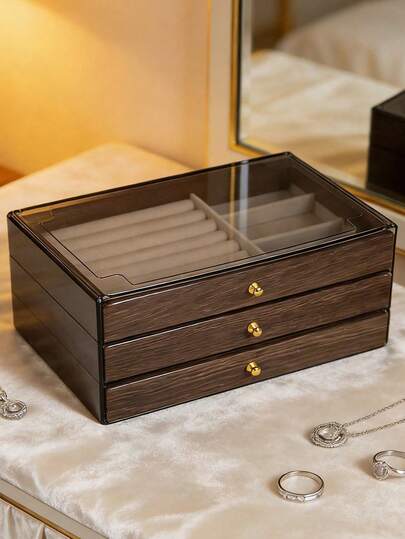 1-częściowy, 3-warstwowy, przezroczysty, aksamitny schowek na biżuterię, porządkuje pierścionki, naszyjniki, bransoletki, kolczyki i wisiorki, elegancki stojak ekspozycyjny z kryształową gałką, luksusowy, 3-poziomowy schowek na biżuterię – pojemny schowek na kolczyki, naszyjniki i pierścionki – wysokiej jakości organizer biurkowy, stylowy i podzielony na przegródki, odpowiedni na Dzień Kobiet, Boże Narodzenie, Halloween, prezent dla pań, również na święta, plażę, do łazienki, sypialni, duża pojemność