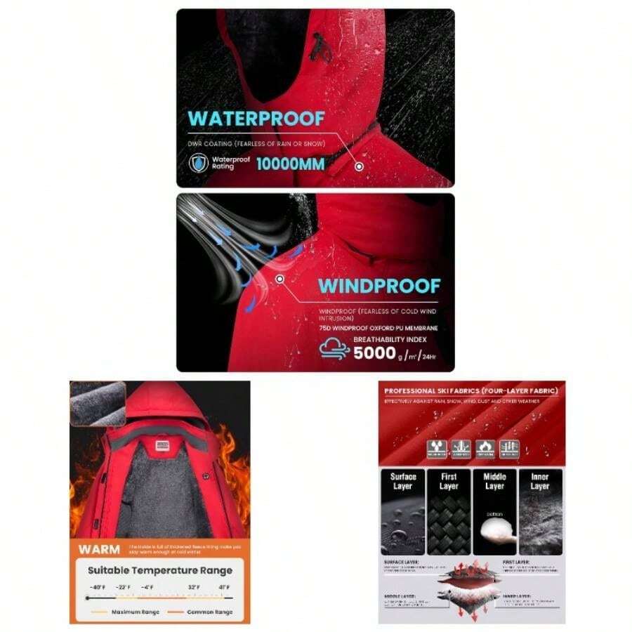 Women's Waterproof Ski Warm Winter Coats Windproof Winter Jackets Women Fleece Lined Windbreaker With Hood - Red + Medium - View 1