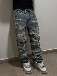 Y2K Distressed Cat Whisker Straight Leg Jeans, Wide Leg Jeans, Street Rock Denim, Splattered Denim Pants For All Seasons, Frayed Hem Wide Leg Loose Fit Jeans, Y2K Streetwear Casual Daily Cotton Pants - Blue - View 2