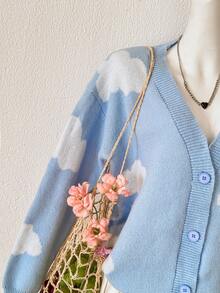 PUMPKIN Casual V-Neck Loose Cardigan, Women Floral Print Long Sleeve Beach Swimwear Sweet Preppy Style Valentine's Day Party Outwear - Blue and White - View 6
