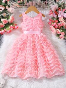 女童圆领荷叶边网纱上身腰部系带蝴蝶结装饰公主裙，优雅时尚夏季款（含可拆卸腰带） - 粉色 - 查看 2