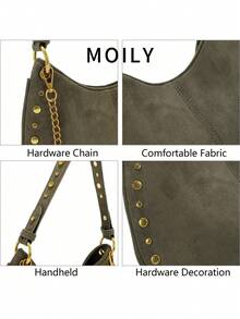 街头朋克铆钉可调节单肩女士斜挎马鞍包 - 橄欖綠 - 查看 5