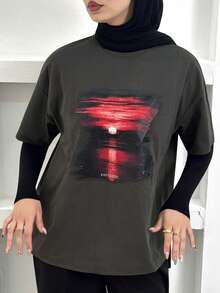 DAZY Tee-shirt à manches courtes ample avec imprimé paysage, col rond, tee-shirt ample d'été - Gris - Voir 6