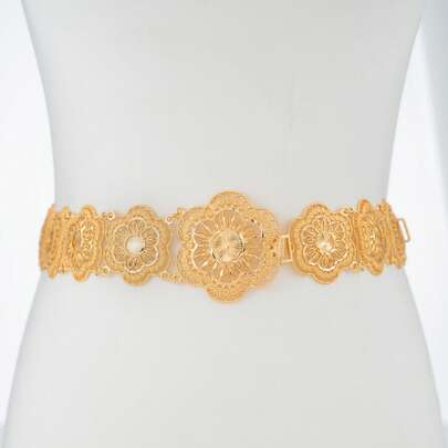 سلسلة خصر مطلية بالذهب عيار 18 قيراط بتصميم زهري أنيق، بنقش نباتي عتيق، مناسبة للأعراس والحفلات والمناسبات، هدايا عيد الحب، تعكس الأناقة العربية الإماراتية، حزام احتفالي فاخر للجنسين