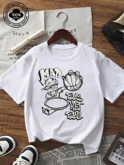 American Retro Basketball Cartoon Print Short-Sleeved T-Shirt For Women, Summer Loose Casual Round Neck Pure Cotton Top,  Street Style, Versatile Sports T-Shirt For Students.
