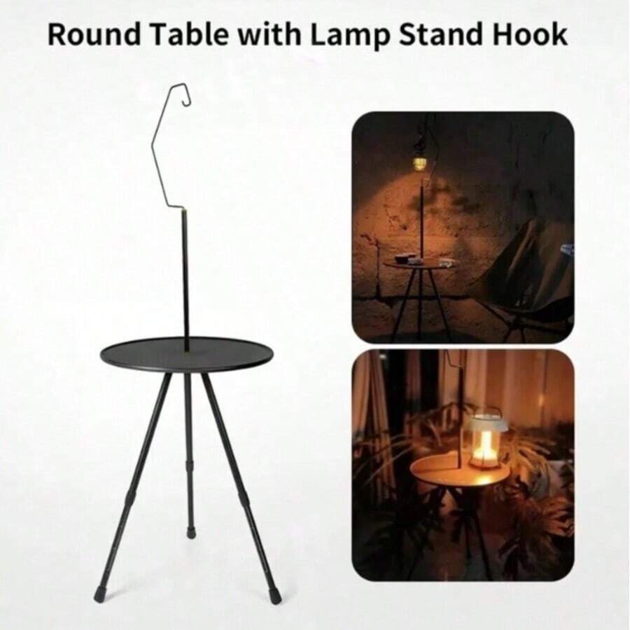 1pc Outdoor Camping Portable Small Round Table, Height Adjustable With Lamp Stand, Camping Equipment Tea Table, Ultra-Lightweight Folding Table, Adjustable Leg Height, Can Be Used As A Storage Rack, Snack Rack In The Car, Suitable For Picnics, Indoor, Outdoor, Camping And More Occasions, Camping Equipment, Camping Essentials - Black - View 1