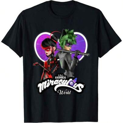 Camiseta de manga corta con cuello redondo, camiseta de mariquita y gato negro Tales Of Shadybug And Claw Noir, camiseta de una sola cara con estampado, camiseta de estilo pullover, camiseta de algodón pesado de 180g, lavable a máquina, algodón pesado de 180g, top de primavera verano, camiseta de corte relajado, adecuada para adolescentes y niños, ropa de estudiante de verano