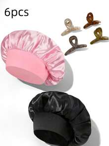 6/3 件装真丝睡帽，缎面发帽，小发夹，女士宽边高弹力帽，乔其纱睡帽，高端缎面护发帽，卷发真丝发带睡眠帽 - 彩色 - 查看 1