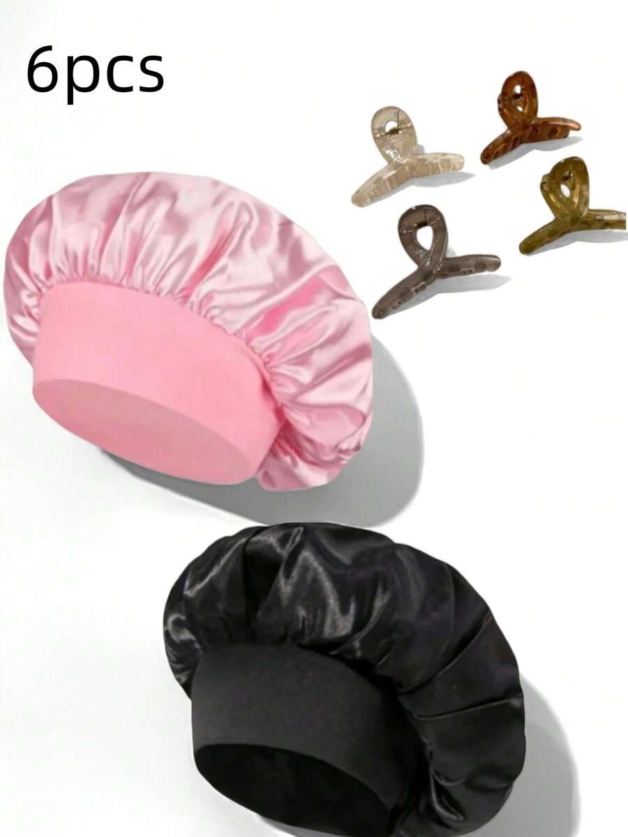 6/3 件装真丝睡帽，缎面发帽，小发夹，女士宽边高弹力帽，乔其纱睡帽，高端缎面护发帽，卷发真丝发带睡眠帽 - 彩色 - 查看 1