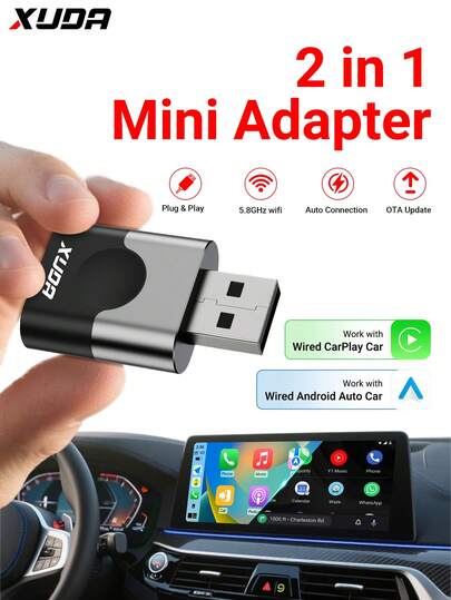  XUDA 二合一无线 CarPlay/Android Auto 迷你适配器 - 2.4-5.0 GHz WiFi 5 CarPlay 转换器，有线转无线，快速自动连接，无延迟，小巧设计，兼容 和 Android 设备，带 USB/USB-C 接口，不含电池