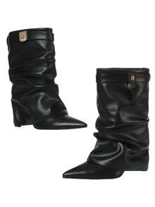Luxury Women's Padlock Ankle Boots Fold Over Wedge Heel Booties Wide-Calf Short Shoes - Black - View 1