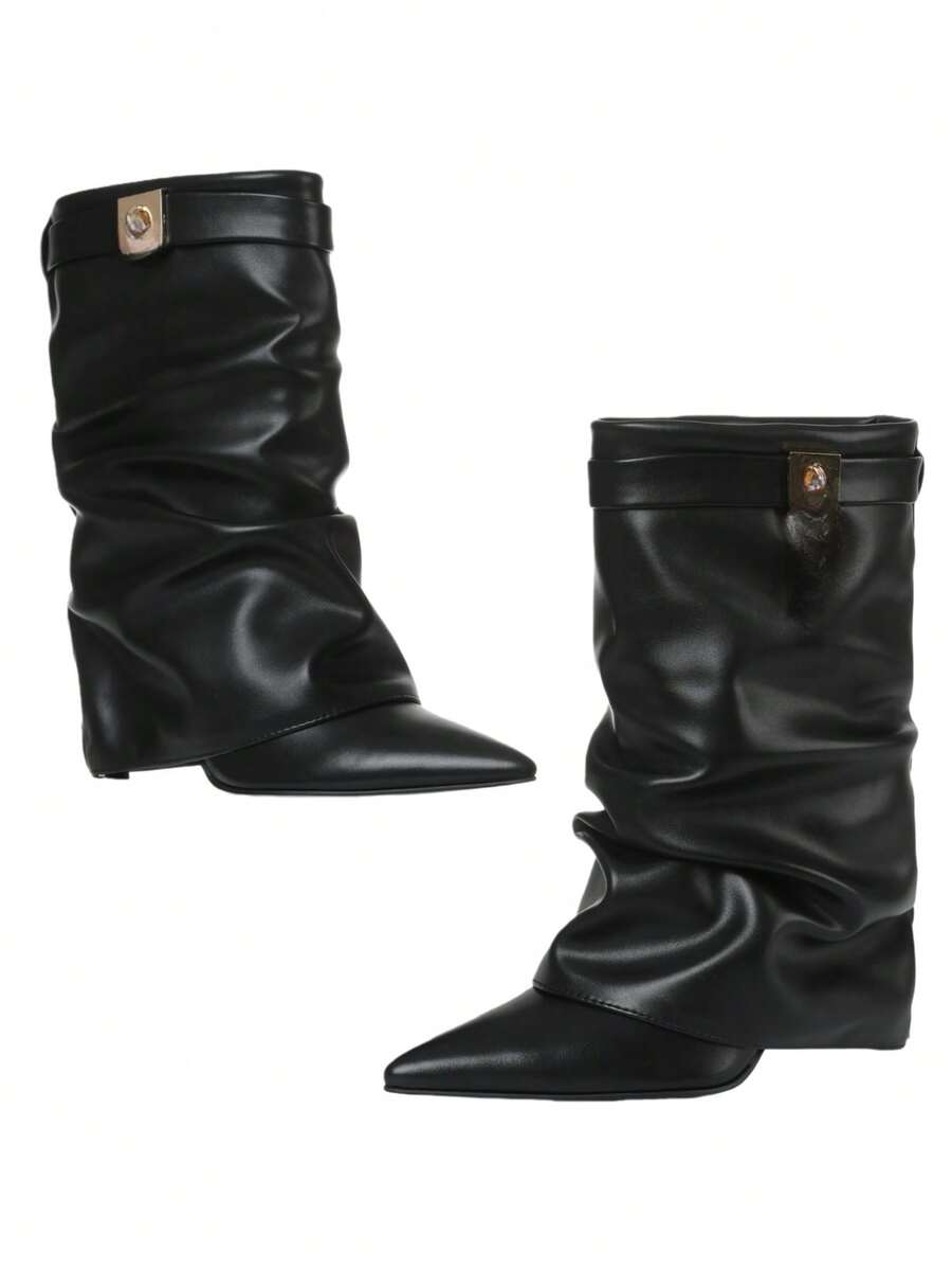 Luxury Women's Padlock Ankle Boots Fold Over Wedge Heel Booties Wide-Calf Short Shoes - Black - View 1