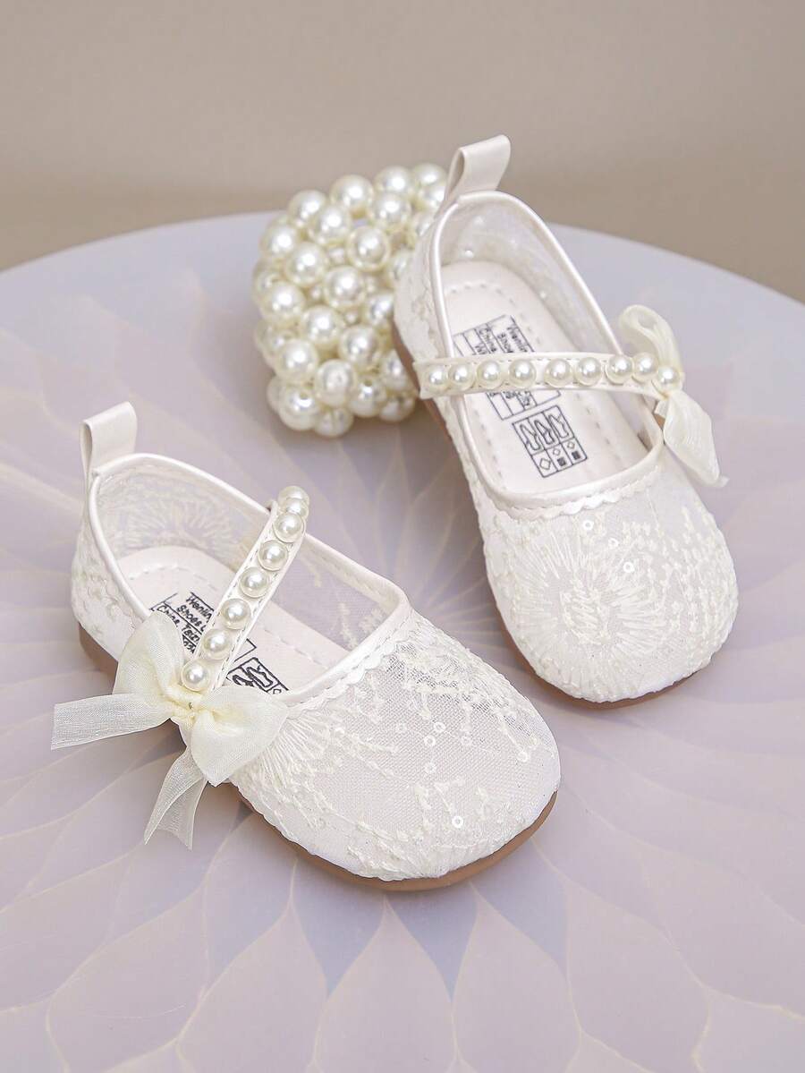 1 Pair Girls' New Fashion Elegant Minimalist Pearl Embroidered Mesh Breathable Handmade Pearl Bow Decor Elastic Band Floral Trim Soft Comfortable Non-Slip Flat Princess Sandals, Suitable For Dresses, Piano Performance, Spring/Summer/Autumn - Red and White - View 1
