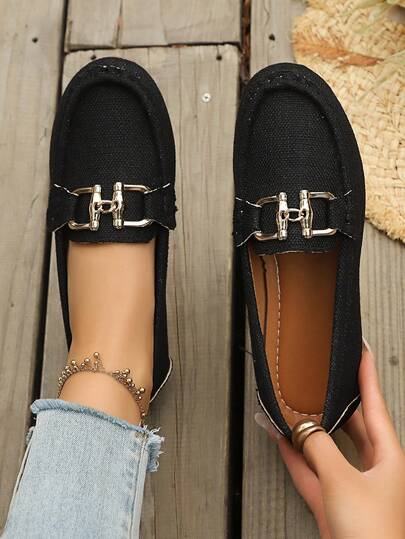 New Plus Size Comfortable Flat Round Toe Casual Slip-On Shoes, Versatile For Daily Commute, Vacation, Shopping, Non-Tiring, Simple Decoration With Metal Buckle, Patchwork Fabric, Handmade, Solid Color, Breathable, Classic Black Linen, Suitable For Women