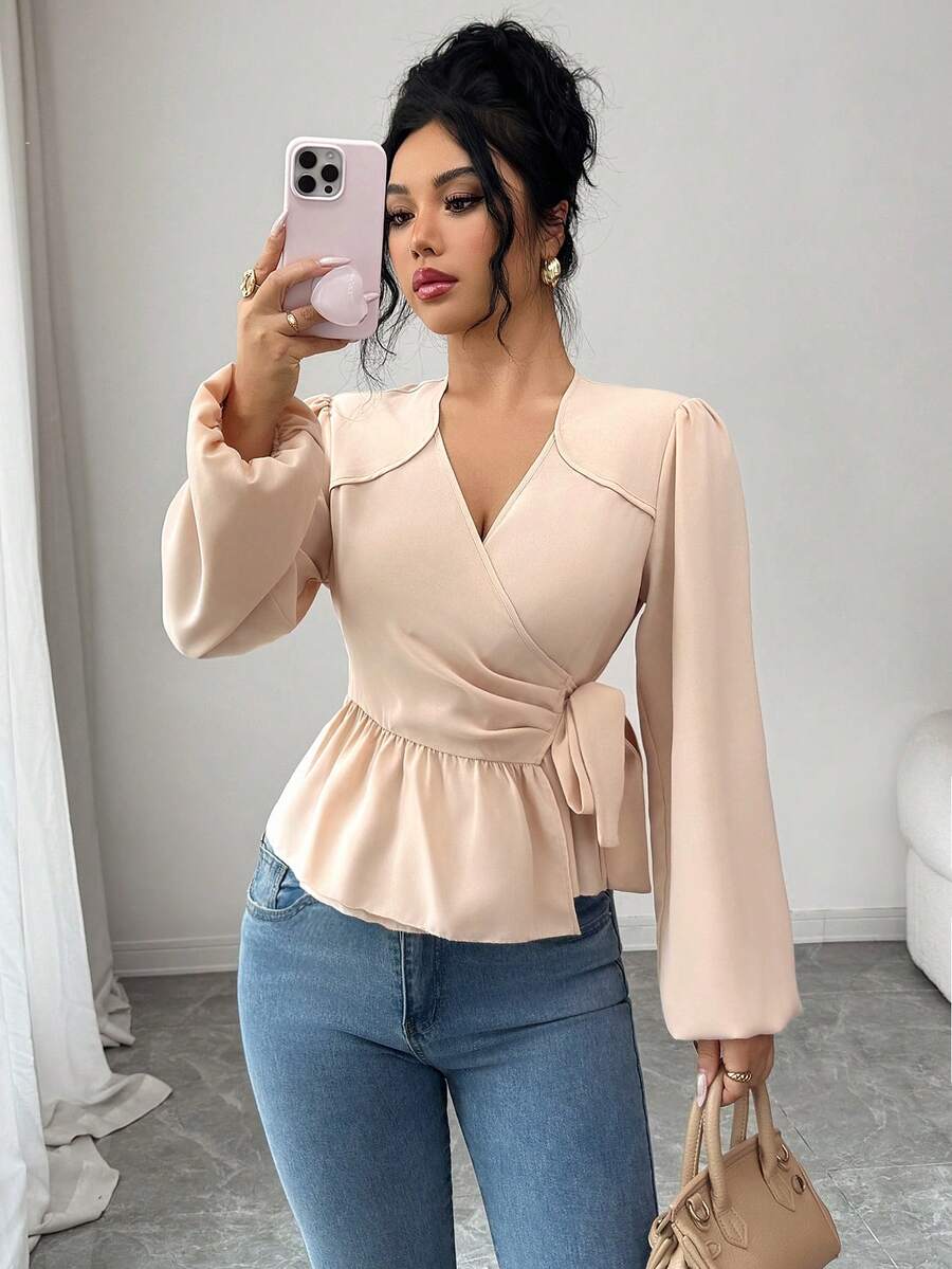 Women's Cross V-Neck Long Sleeve Fitted Waist Tie-Up Splice Elegant Blouse Long Sleeve Blouse Suitable For Daily Commuting And Office Work - Apricot - View 1