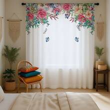 ستارة شفافة رومانسية بنقشة زهور وفراشات الأبعاد، خلفية بيضاء، مصنوعة من ألياف البوليستر، مناسبة للمنازل المؤجرة والغرف المعيشية والمطابخ والنوم، قابلة للإزالة والغسل في الغسالة، ستارة نافذة صغيرة - متعدد الألوان - مشاهدة 7