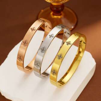 1 pieza Brazalete de trébol de cuatro hojas de circonita cúbica elegante y lujoso, joyería de acero inoxidable chapada en oro de 18K impermeable, adecuada para uso diario, fiesta y eventos para mujeres