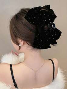 1pc Women's Solid Color Flocked Crystal Decor Double Layered Bow Large Hair Clip, Elegant Sweet Style Suitable For School, Party, Dance And Daily Wear, Valentine's Day Gift Women Hair Accessories Elegant Hair Claws Fashion Claw Clip Summer Outfits Hair Clips - Black - View 5