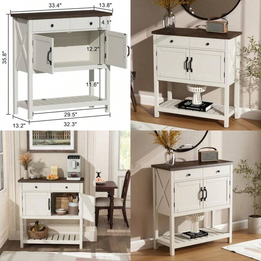 Farmhouse Console Table Entryway Table With Storage Shelf Coffee Bar Cabinet Narrow Buffet Sideboard For Kitchen Hallway Living Room - White - View 1