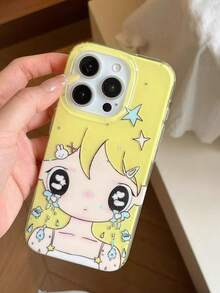 1个随机粉末星形卡通黄发女孩哭泣图案手机壳，可爱时尚个性化听话风格防震保护套，适用于 17/ 17 Pro Max/ 16 Pro Max/ 15 Pro/ 14/ 13/12/11，可作为圣诞礼物送给家人、朋友、姐妹和伴侣 - 黃色 - 查看 2