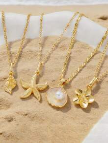4pcs Bohemian Vintage Multi-Layer Necklace Set With Ocean-Themed Charms - Includes Starfish, Shell, Pearl, Flower Pendants. Suitable For Vacation, Summer Party Outfits, Luxurious Beachy Vibe - Yellow Gold - View 3