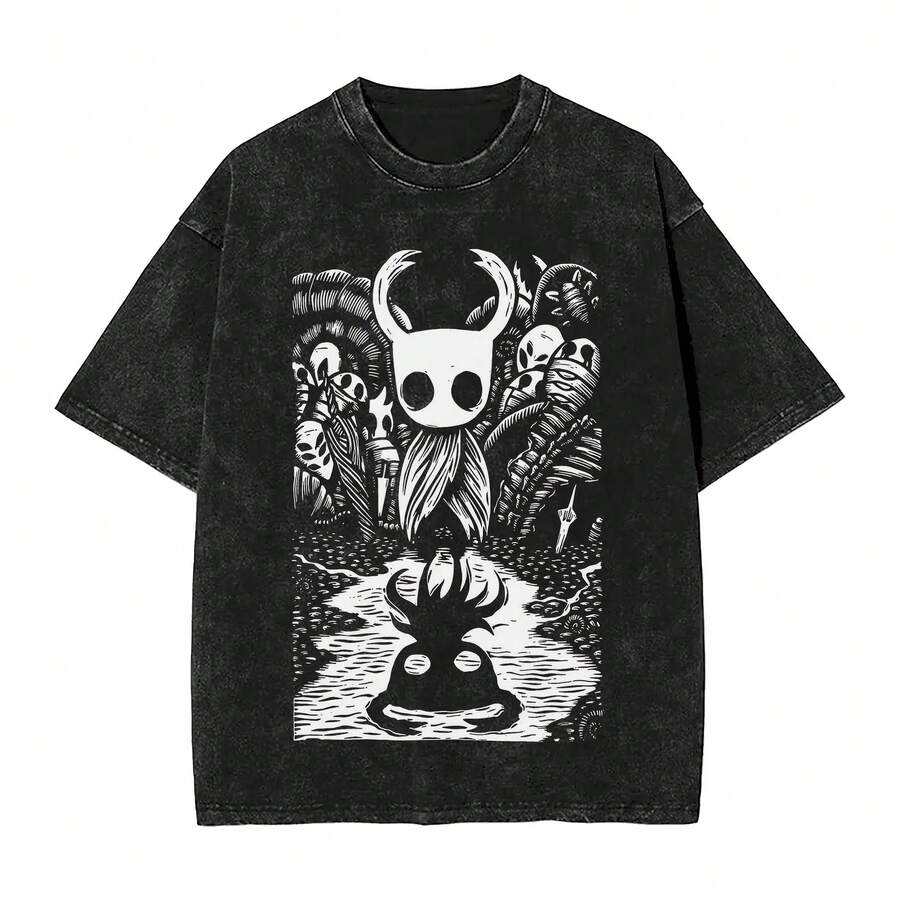 Ghost Knight Art Hollow Knight Funny Game T Shirt Hip Hop Washed Cotton High Street T-Shirt for Men Tops Streetwear Summer Tees - Negro - Ver 1