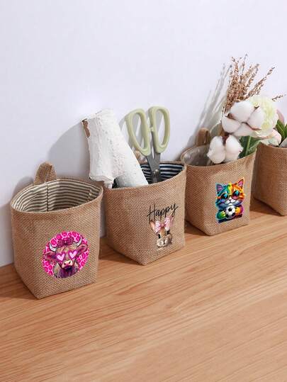 1 pieza Cesta de almacenamiento colgante mini con estampado animal - Lino beige, con forro a lunares, organizador de pared para ropa, juguetes y otros artículos - Papelera de pared multiusos con asa