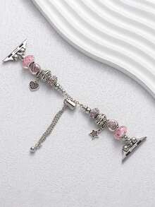 1pc Girl's Double-Row Rhinestone Studded Wheel Shaped Strap Suitable For Apple Watch 1-9 Series, Pink Metallic Band