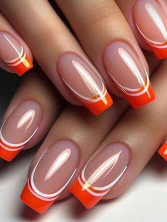 24pcs Reusable Shiny Pink Glitter Striped Matte Square False Nails With Glue, Suitable For Women And Fashionistas, Gift Set Includes 1 Nail File, Y567 Orange Stripe