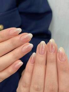 24片椭圆形短款裸粉色亮面美甲贴纸套装，夏季渐变珠光设计，亚克力材质，短款尺寸完美贴合假指甲，包含：1片果冻胶和1个指甲锉，适合女性和女孩日常工作、学习和派对美甲用品。 - 彩色 - 查看 7