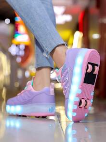 儿童/青少年四轮溜冰鞋，男孩/女孩LED可充电闪光溜冰鞋 - 粉色 - 查看 4