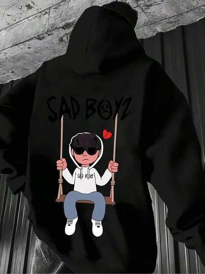 Sudadera con capucha de patrón negro para hombres, letras de Sad Boyz y estampado de personaje de anime - Sudadera casual de estilo urbano, ajuste regular de manga larga, talla