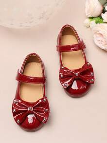 婴儿平底鞋，女童蝴蝶结铆钉休闲鞋，舒适百搭公主鞋，低鞋面时尚皮鞋 - 酒紅色 - 查看 2