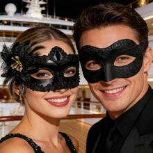 情侣镶钻面具，闪亮威尼斯派对面具，适用于圣诞节、万圣节、狂欢节、角色扮演，浪漫红色闪光ABS塑料面具 - 黑色 - 查看 8