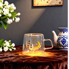 1 & 4pcs 80ml Double-Layer Glass Coffee Mugs With Handles, Heat-Resistant. Comes With Unique Ramadan Sticker Design Milk/Tea Cups. Suitable For Tea, Espresso, Milk, Etc. Ideal Ramadan And Birthday Gift. - Multicolor - View 3