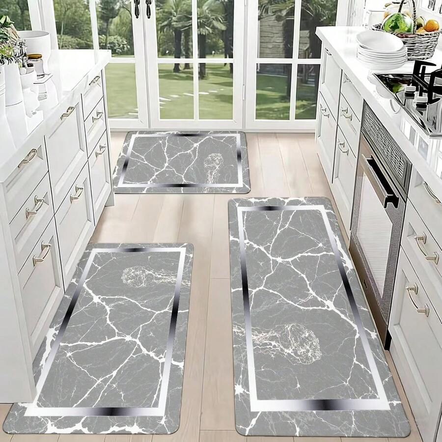 Modern Kitchen Mat With Gray Marble Pattern, White Veins, Silver Border & Light Brown Center Stain - Rectangular Anti - Slip Floor Mat For Kitchen Cabinetry, Ideal For Tiled Floors (Perfect Fo - trắng - Xem 1